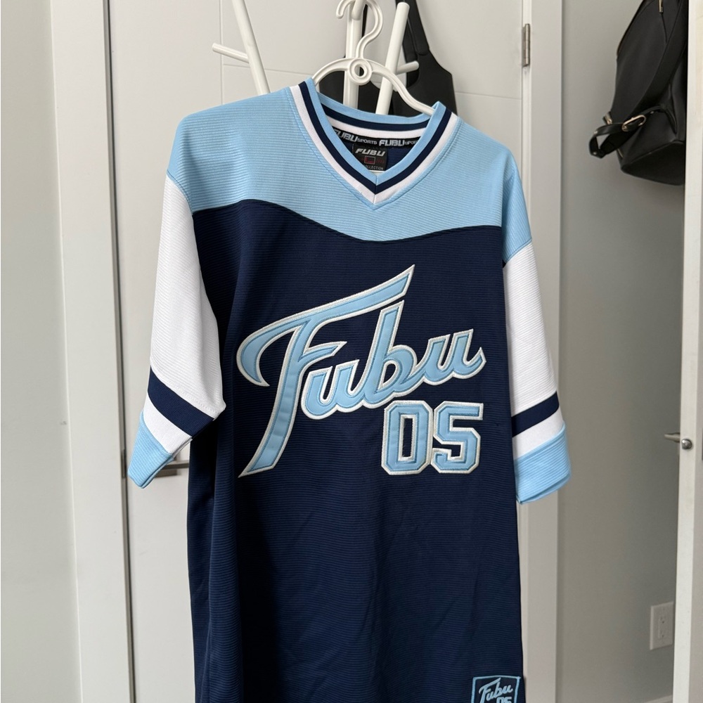 FUBU Sports Blue and White V-Neck Jersey